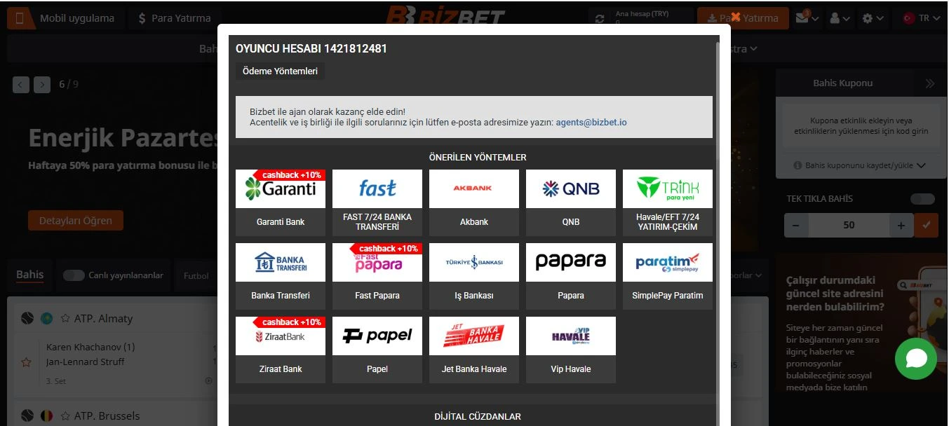 bizbet Türkiye ödeme yöntemleri listesi