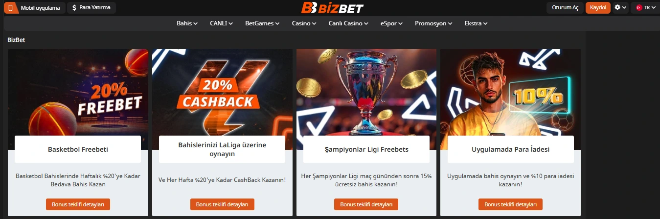BizBet sitesinde spor bahisleri için sunulan bonuslar ve promosyonların yer aldığı kampanyalar sayfası